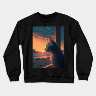 Design of a grey cat watching a sunset by the sea Crewneck Sweatshirt